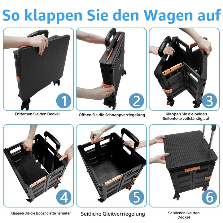 Faltbare Einkaufstrolley-Box auf Rädern mit Deckel, verschleissfester, geräuschloser 360 ° -Drehung