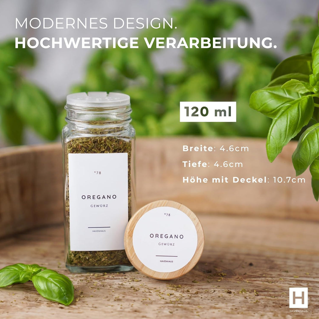 Havenhaus Premium Gewürzgläser Set Bambus | 24 Gewürz Organizer inkl. 336 deutschen Gewürzetiketten