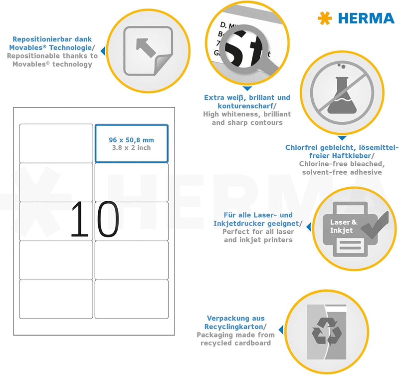 HERMA 10307 Universal Etiketten ablösbar, 100 Blatt, 96 x 50,8 mm, 10 Stück pro A4 Bogen, 1000 Aufkl