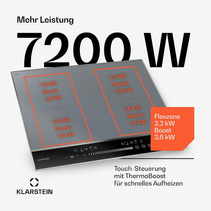 Klarstein DualTone Flex Induktionskochfeld - 4-Zonen Induktionsherd, 7200 W, Flex-Zonen &amp; Thermoboos