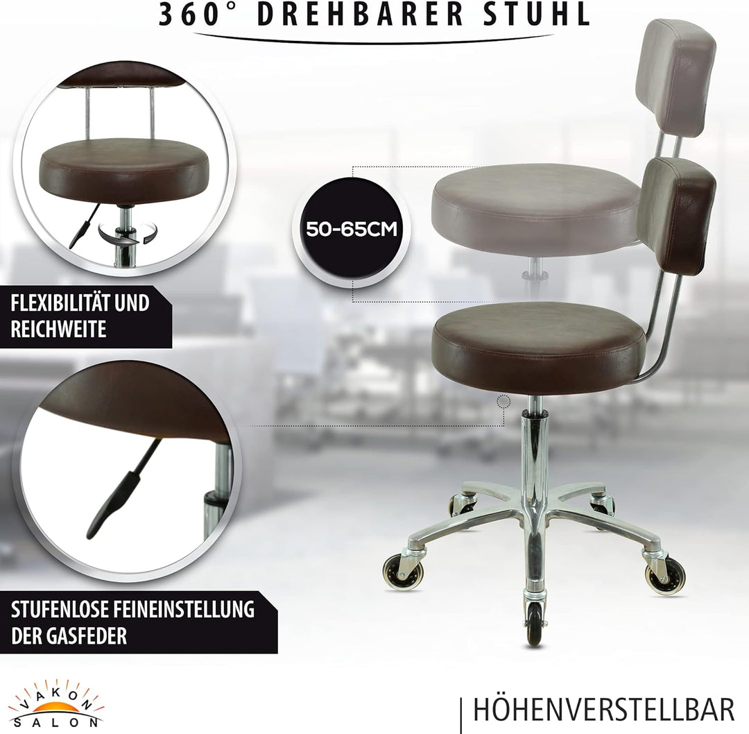 VAKON SALON - Premium Rollhocker mit Lehne in braun - Höhenverstellbar von 50 bis 65 cm - Rundsitz -