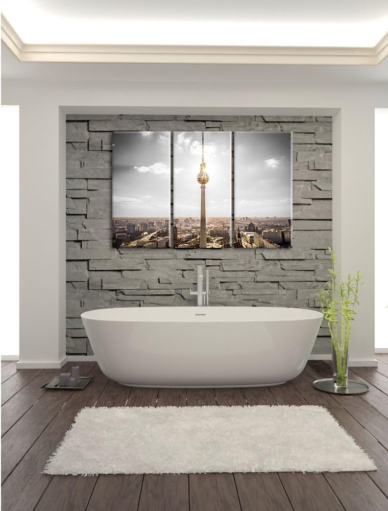 Pixxprint Berliner Fernsehturm am späten Nachmittag schwarz/weiss 3-Teiler Leinwandbild 120x80 Bild