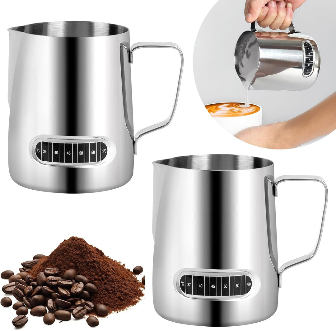 2 Stück Milchschäumer Kännchen 600 ml, Edelstahl Milchschaumkännchen Barista-Werkzeuge mit Temperatu