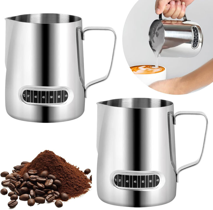 2 Stück Milchschäumer Kännchen 600 ml, Edelstahl Milchschaumkännchen Barista-Werkzeuge mit Temperatu
