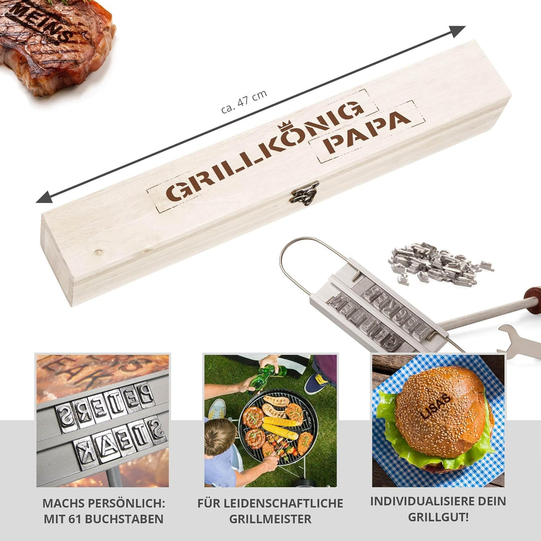 BBQ Brandeisen mit wechselbaren Buchstaben als Set mit Edler Holzbox mit Gravur, Grillkönig Papa, Br