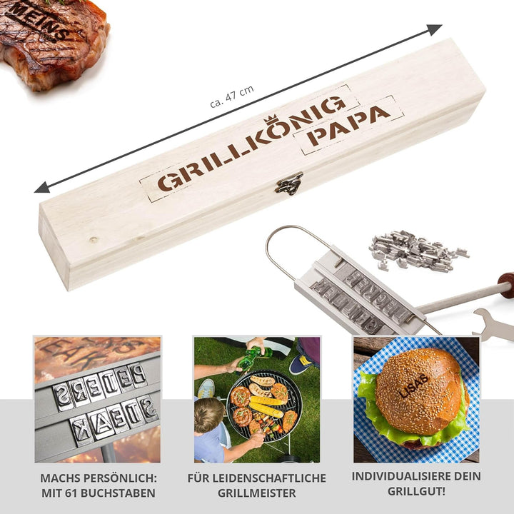 BBQ Brandeisen mit wechselbaren Buchstaben als Set mit Edler Holzbox mit Gravur, Grillkönig Papa, Br