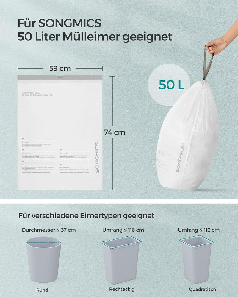 SONGMICS Müllbeutel mit Zugband, Müllsäcke für 50 Liter Mülleimer, Mülltüten für Küchenmülleimer, Co