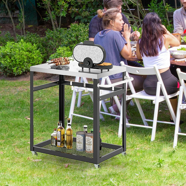 GYMAX Rollender Servierwagen, Grillwagen mit Edelstahl Arbeitsplatte, Rollwagen mit 4 Rädern, Haken