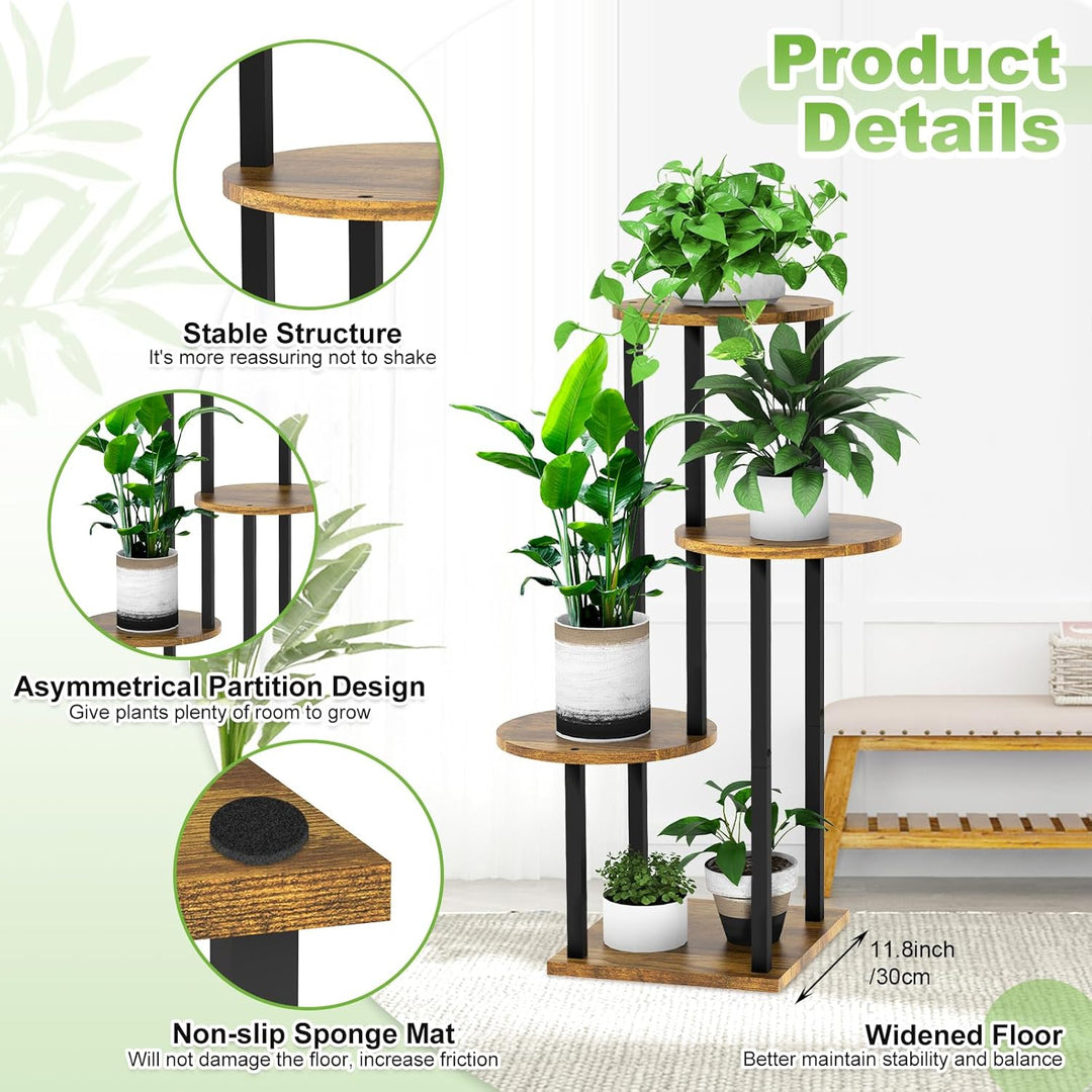 YOCOMEY 4 Tier Hölzern Blumenregal Metall Pflanzenregal, Mehrstöckig Blumenständer Pflanzenständer B