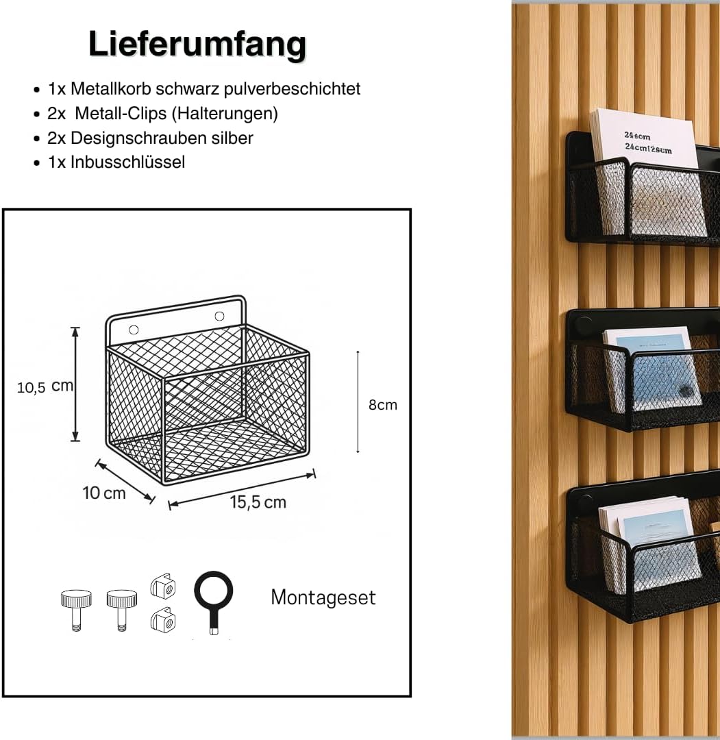 Wandkorb Metall schwarz– Metallverschraubung – kein Bohren – Zubehör für Akustikpaneele (15,5cm x 10