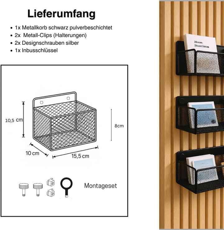 Wandkorb Metall schwarz– Metallverschraubung – kein Bohren – Zubehör für Akustikpaneele (15,5cm x 10