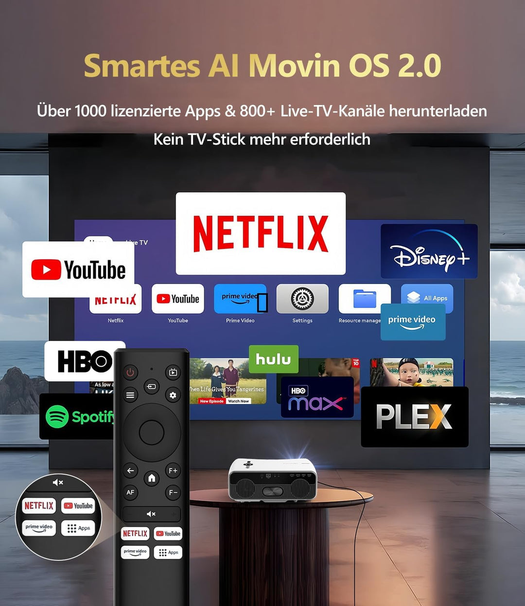 4K UHD Smart Beamer[Netflix] Tageslichttauglich 2400 ANSI mit HDR10+ AI-PQ Bildoptimierung, ToF Auto