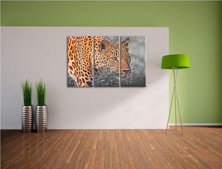 schleichender Leopard schwarz/weiss Deluxe 3-Teiler Leinwandbild 120x80 Bild auf Leinwand, XXL riesi