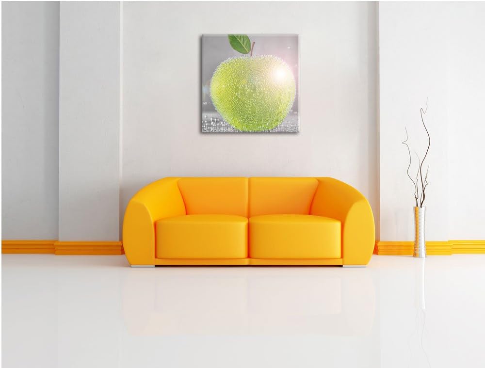 Pixxprint Grüner saftiger Apfel mit Wasserperlen schwarz/weiss, Format: 70x70 auf Leinwand, riesige