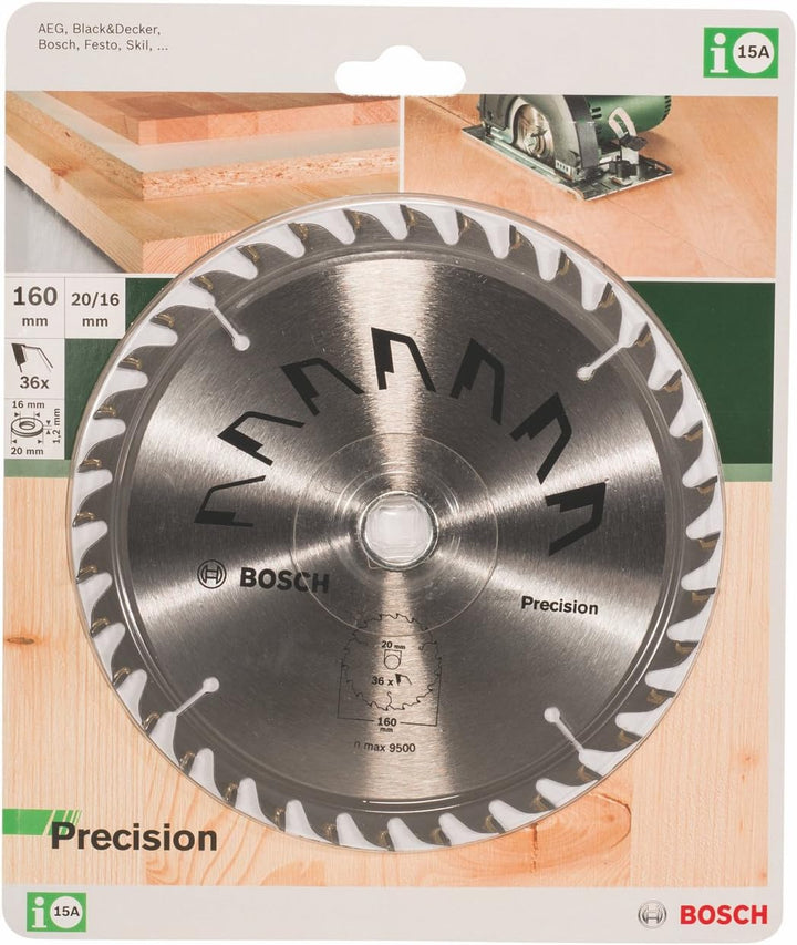 Bosch 1x Kreissägeblatt Precison (Sägeblatt für Holz, Ø 160 x 2.5/1.5 x 20/16 mm, 36 Zähne, ATB, mit