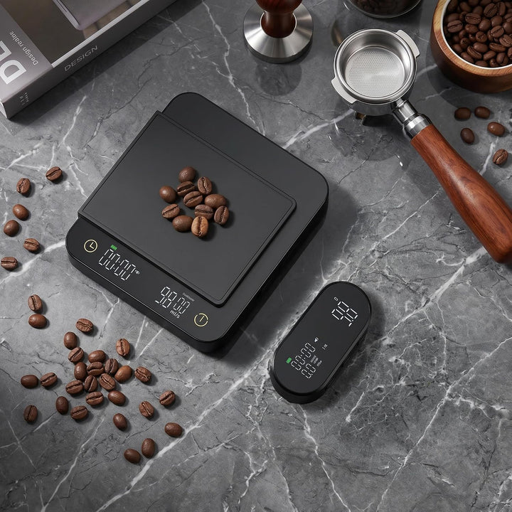 Premium Kaffeewaage mit Funk-Display &amp; Timer – Espresso Waage 0,1g / 3kg mit Flussraten-Anzeige, 5 M