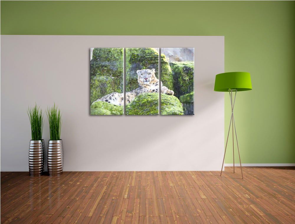 Schneeleopard auf Stein Spezial 3-Teiler Leinwandbild 120x80 Bild auf Leinwand, XXL riesige Bilder f