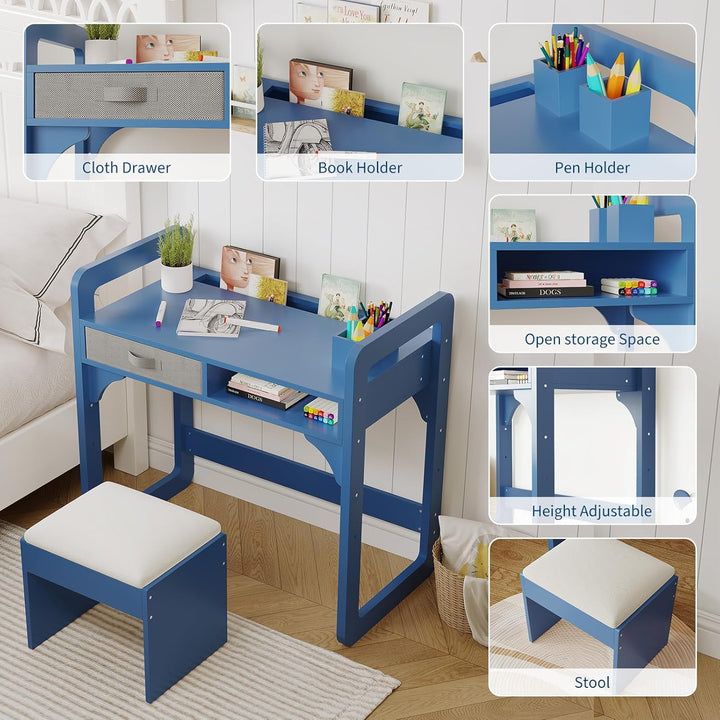 Kinderschreibtisch Mit Stuhl Set, Höhenverstellbarer Kindertisch Mit Stauraum, Ergonomischer MDF Hol