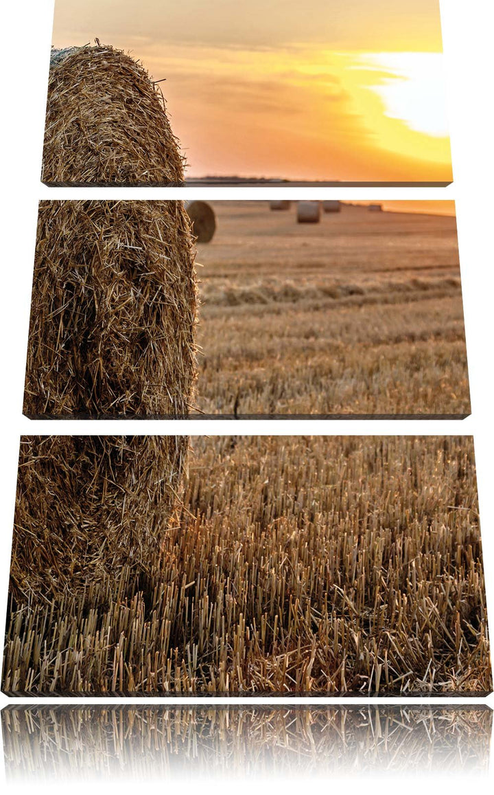 Pixxprint Strohballen auf Feld als Leinwandbild/Grösse: 3 Teilig (120x80) cm/Wandbild/Kunstdruck/fer