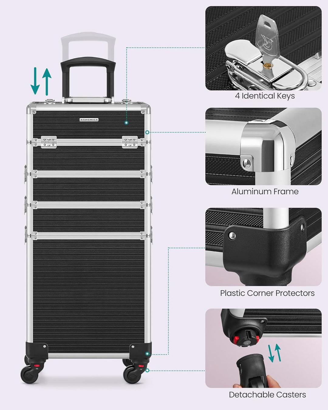 SONGMICS Kosmetikkoffer, Trolley, 4-in-1 Schminkkoffer, extra gross, Friseurkoffer, 34 x 24 x 79,3 c
