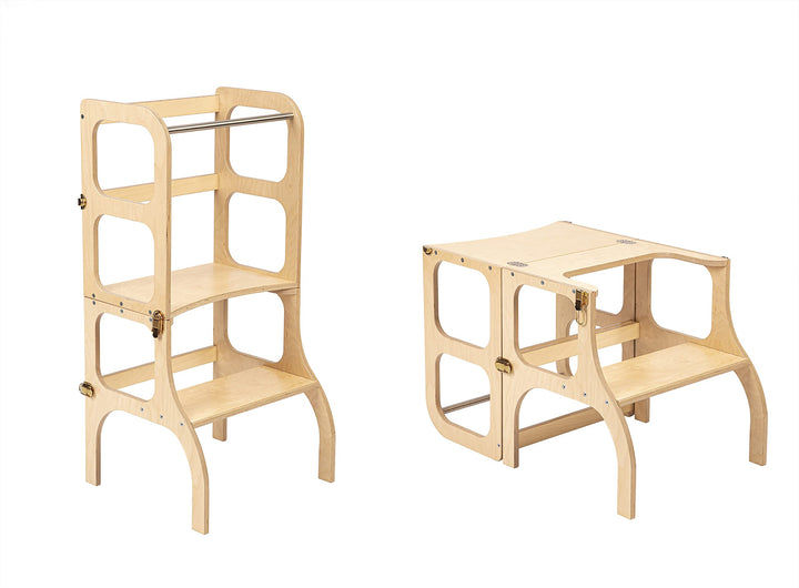 Klappbarer Lernturm mit Sitzfunktion, 45 cm Stehhöhe, Step’n’Sit, Lernturm mit Sitz und Tisch umklap