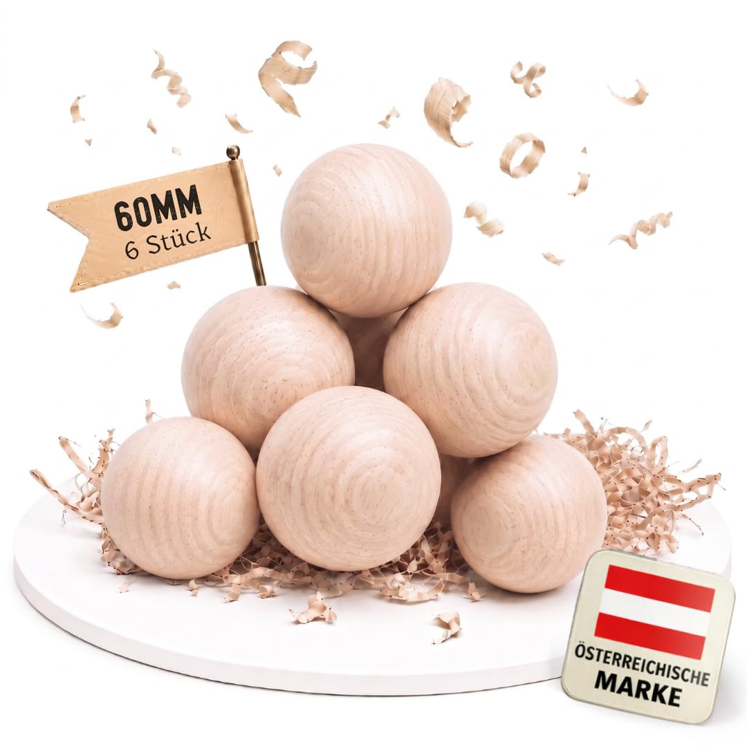 EV® Holzkugeln ohne Loch - 6 Stück 60mm Durchmesser - Made in Austria - Grosse Holzperlen ohne Bohru