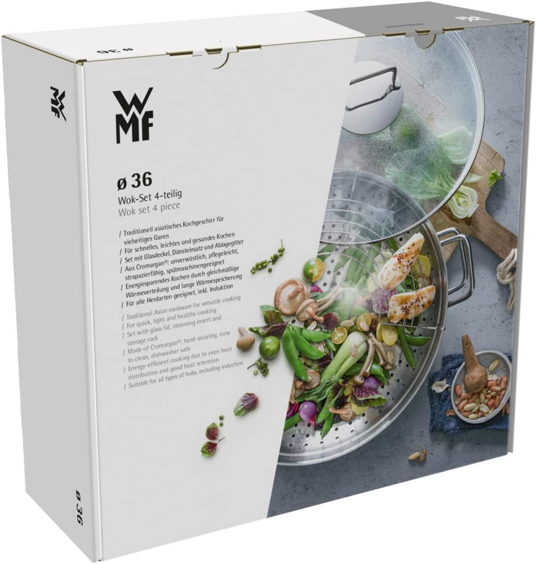 WMF Macao Wok Induktion 4-teilig, Wok-Pfanne 36 cm mit Glasdeckel, Ablagegitter, Dämpfereinsatz, Cro