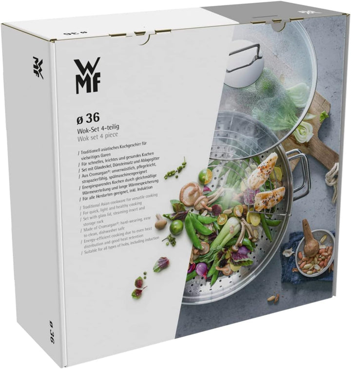 WMF Macao Wok Induktion 4-teilig, Wok-Pfanne 36 cm mit Glasdeckel, Ablagegitter, Dämpfereinsatz, Cro