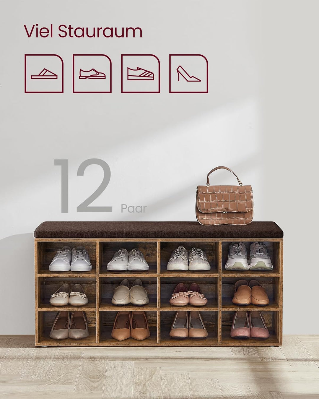 VASAGLE Custos Kollektion - Schuhbank, Schuhregal mit Sitzfläche, Sitzbank mit Stauraum, Kissen, 12