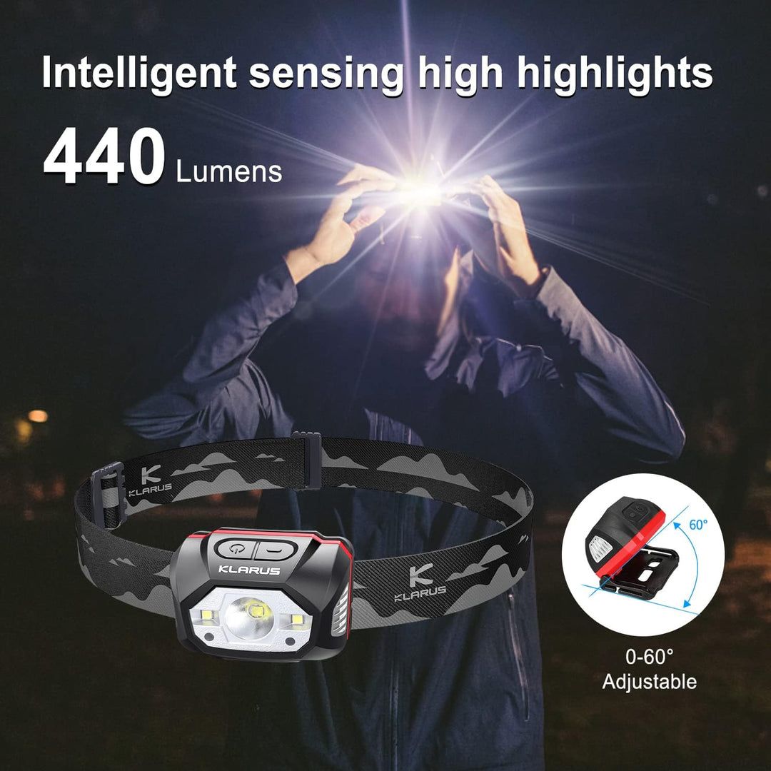 klarus HM1 440 Lumen wiederaufladbare Gestensensor Stirnlampe Kopflampe, 5 Modi 70 Stunden Laufzeit,