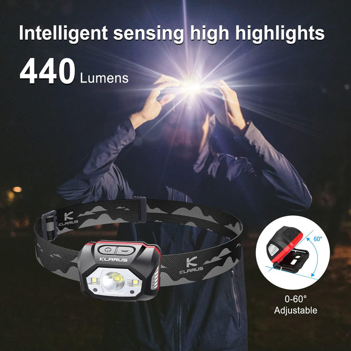 klarus HM1 440 Lumen wiederaufladbare Gestensensor Stirnlampe Kopflampe, 5 Modi 70 Stunden Laufzeit,