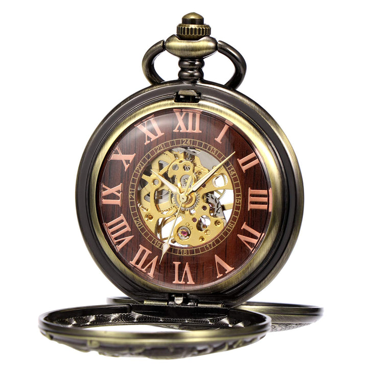 TREEWETO Unisex Taschenuhr Mechanisch Doppelter Abdeckung Rentier Hirsch Leuchtend Skelett Steampunk