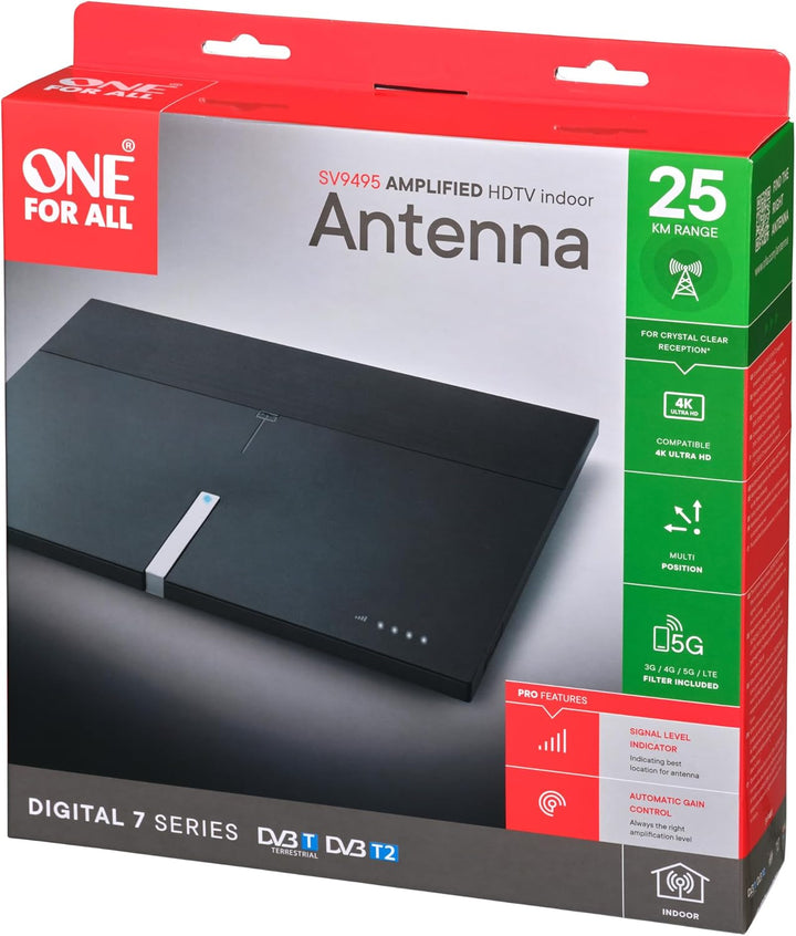 One For All – 3G/4G/5G-blockfilter –DVB-T2 Zimmerantenne– Digital-TV 4K Ultra HD – Automatische Vers