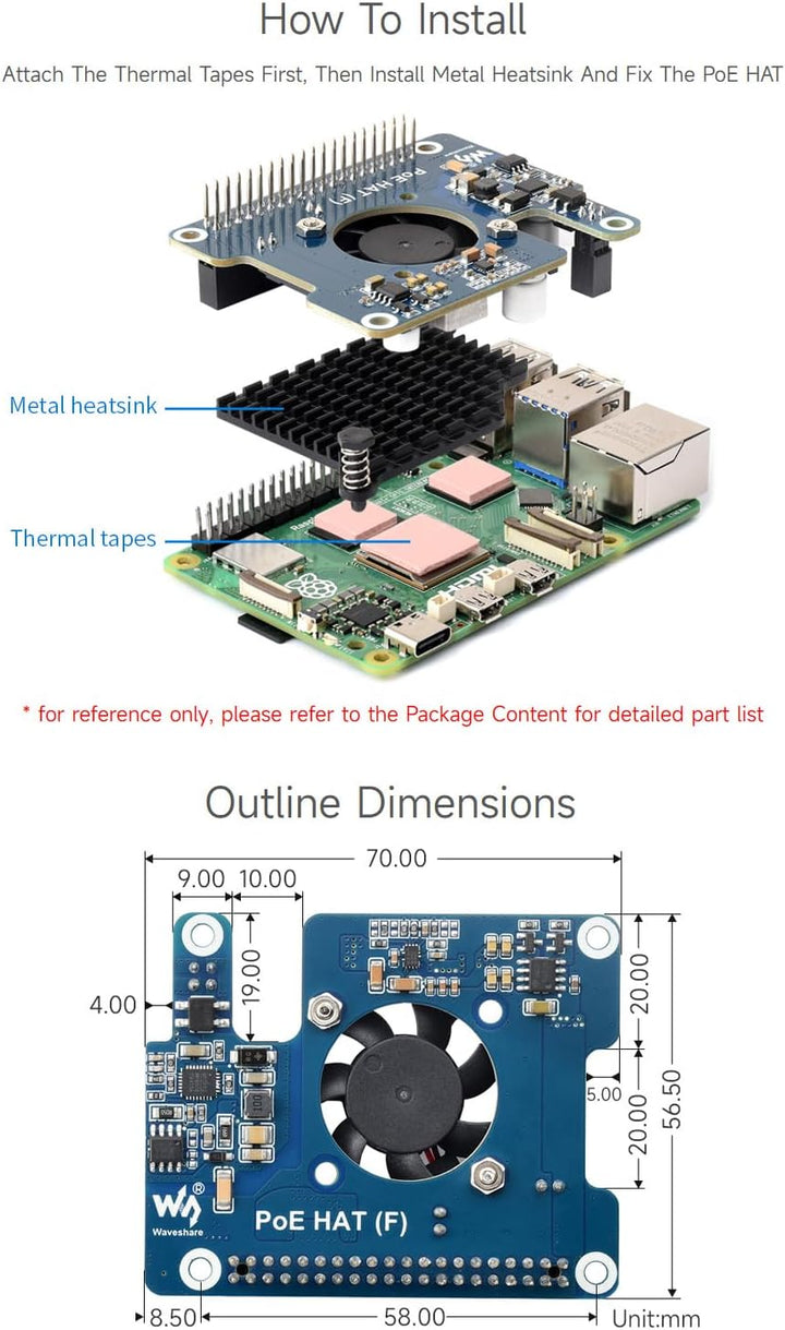 Waveshare PoE Power Over Ethernet HAT (F) Compatibele with Raspberry Pi 5 / cm 5, High Power, Onboar