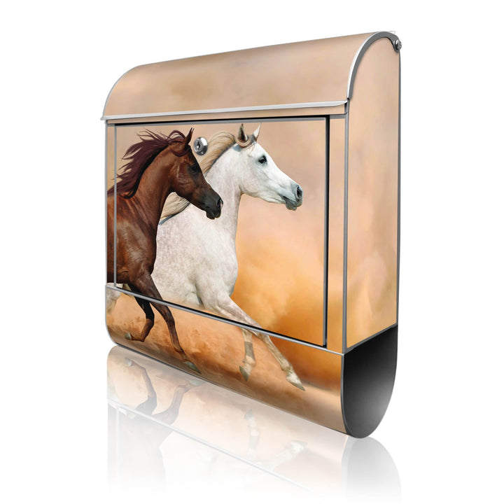 banjado® Design Briefkasten mit Motiv Wilde Pferde 39x47x14cm &amp; 2 Schlüssel - Briefkasten Stahl Silb