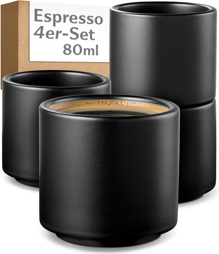 Cosumy Espressotassen Set 4er Schwarz - Espresso Tassen Set ohne Henkel | Stapelbar &amp; Dickwandig - 8
