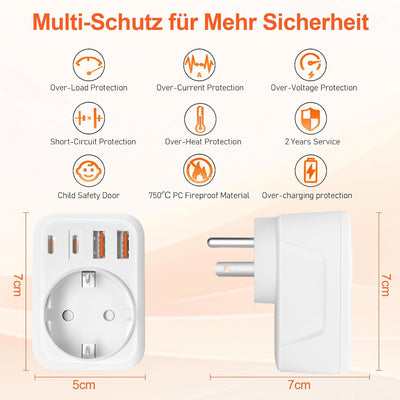 2 Pack USA Adapter Steckdose, 5-In-1 Adapter USA Deutschland Stecker mit 1 AC 2 USB-C 2 USB-A (3.4A)