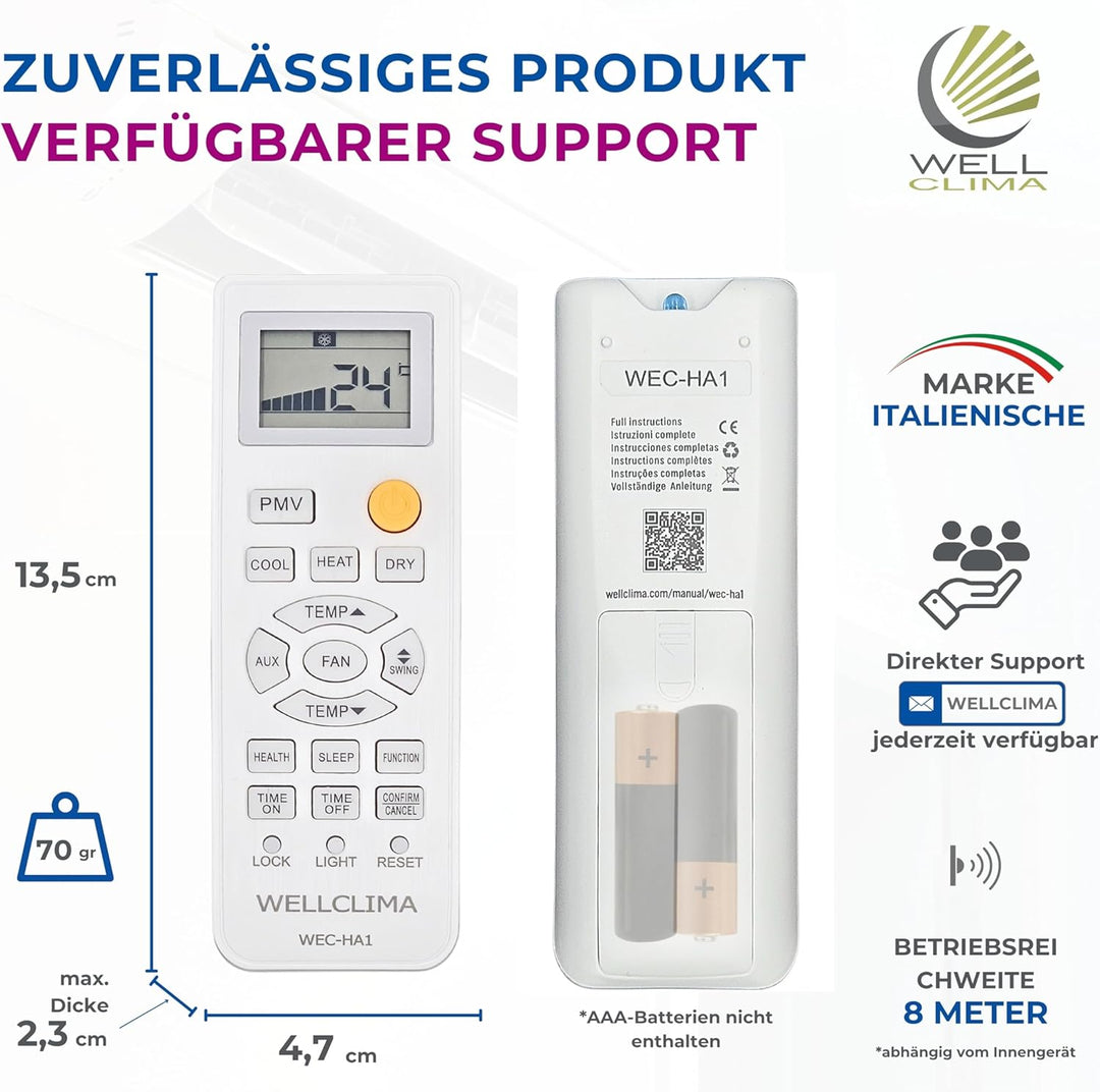 Wellclima WEC-HA1 Fernbedienung für Klimaanlagen für Haier, für HEC, für Candy, Umfangreicher als Un