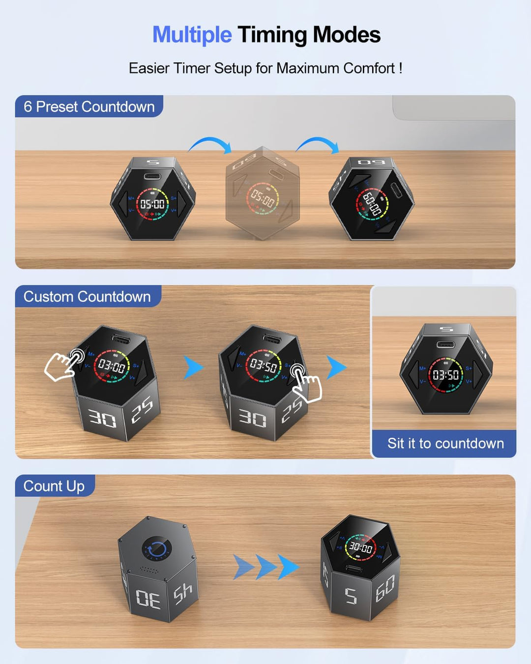 Ticktime Pomodoro Timer Cube, 5/15/25/30/45/60 Min, Benutzerdefinierter Countdown & Stoppuhr 1 Sek–9