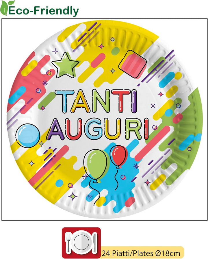 Partygeschirr Party-Set Tanti Auguri Fun für 24 Personen (88 pcs: 24 Pappteller Ø23cm, 24 Becher 250
