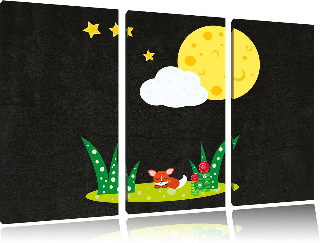 Pixxprint Fuchs auf Wiese nachts als Leinwandbild/Grösse: 3 Teilig (120x80) cm/Wandbild/Kunstdruck/f