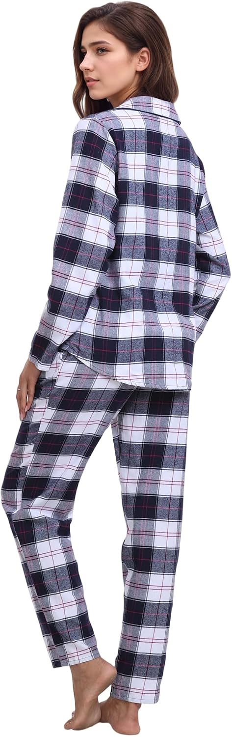 Mnemo Home Damen Schlafanzug Lang Flanell Pyjama Damen 100% Baumwolle aus Flanell Blau &amp; Weiss S, Bl