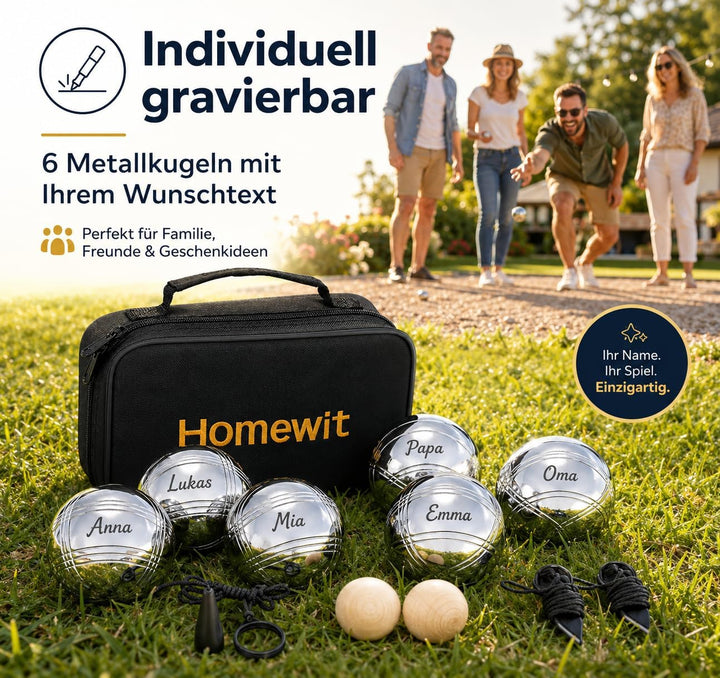 Homewit Personalisierte Boule Set, 6 Metall Kugeln mit Gravur, Boccia & Petanque Outdoor Spiel mit T