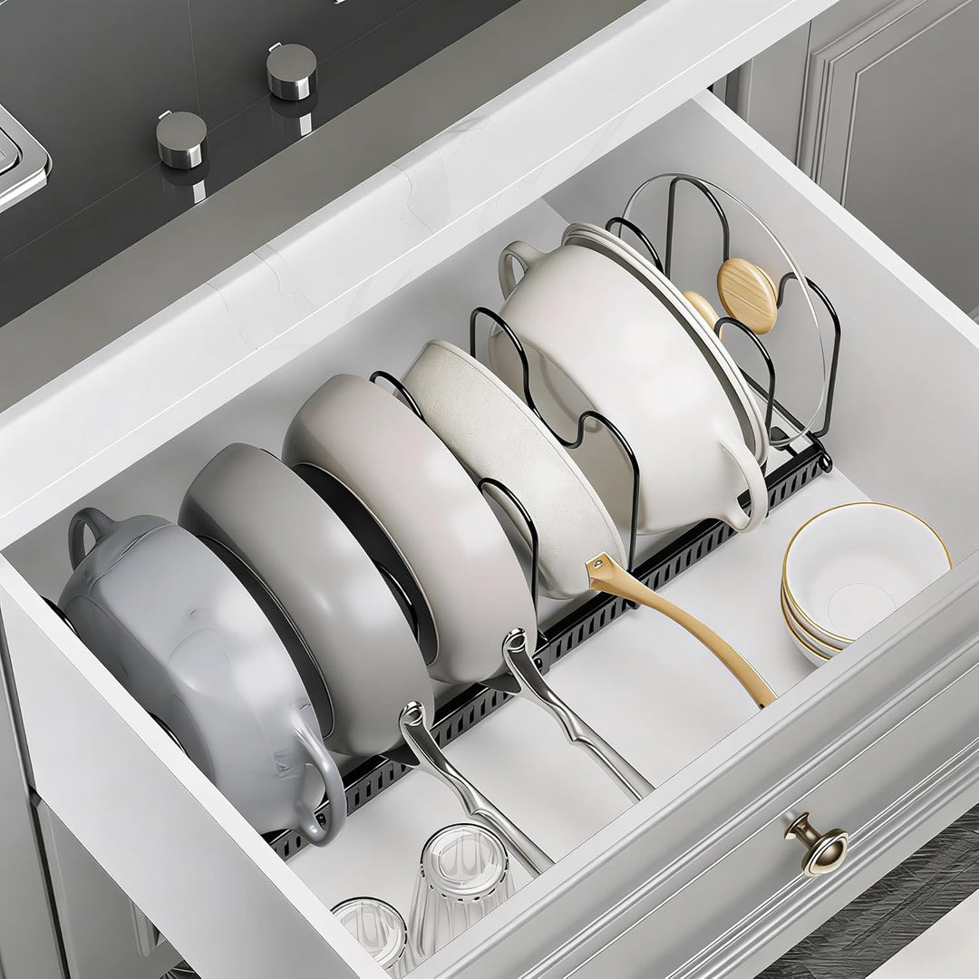 Verstellbarer Topf - Pfannenorganizer 2 teilig mit 20 Fächern, Ausziehbarer Topfdeckelhalter für Küc