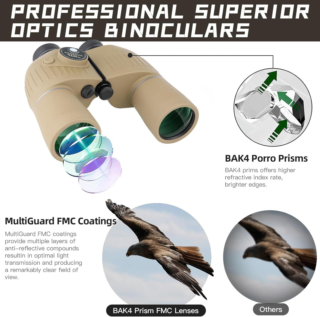10x50 Marine Fernglas,Fernglas mit Nachtsicht Entfernungsmesser und Kompass, für Wassersport-Enthusi