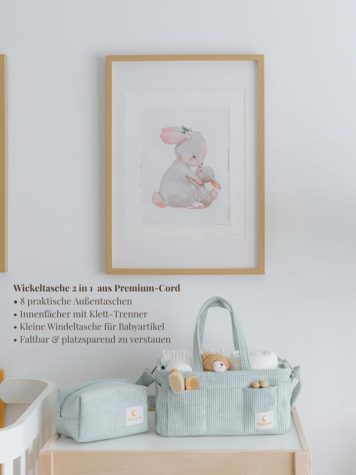 Wickeltasche Organizer Set 2 in 1 aus Cord mit Schultergurt und kleine Windeltasche – Wickelkorb und
