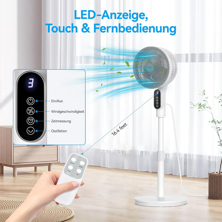 Smart Standventilator 100cm, Ventilator Leise 22dB, Turbo-Luftzirkulator mit 6 Modi, Windabstand 10