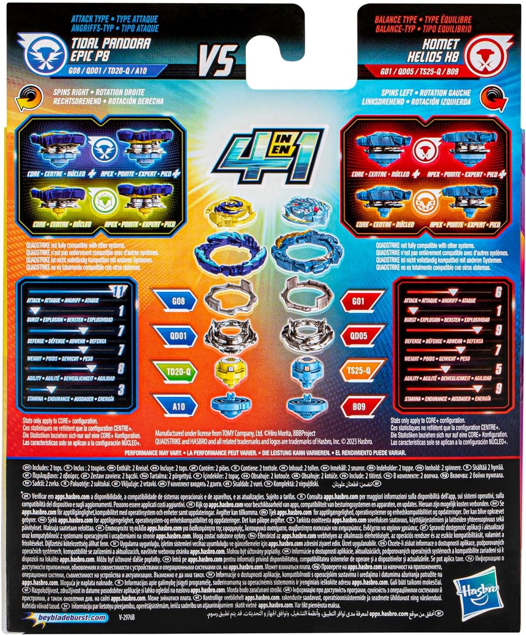 Beyblade Burst QuadStrike Komet Helios H8 und Tidal Pandora Epic P8 Kreisel Doppelpack, Battle Kreis