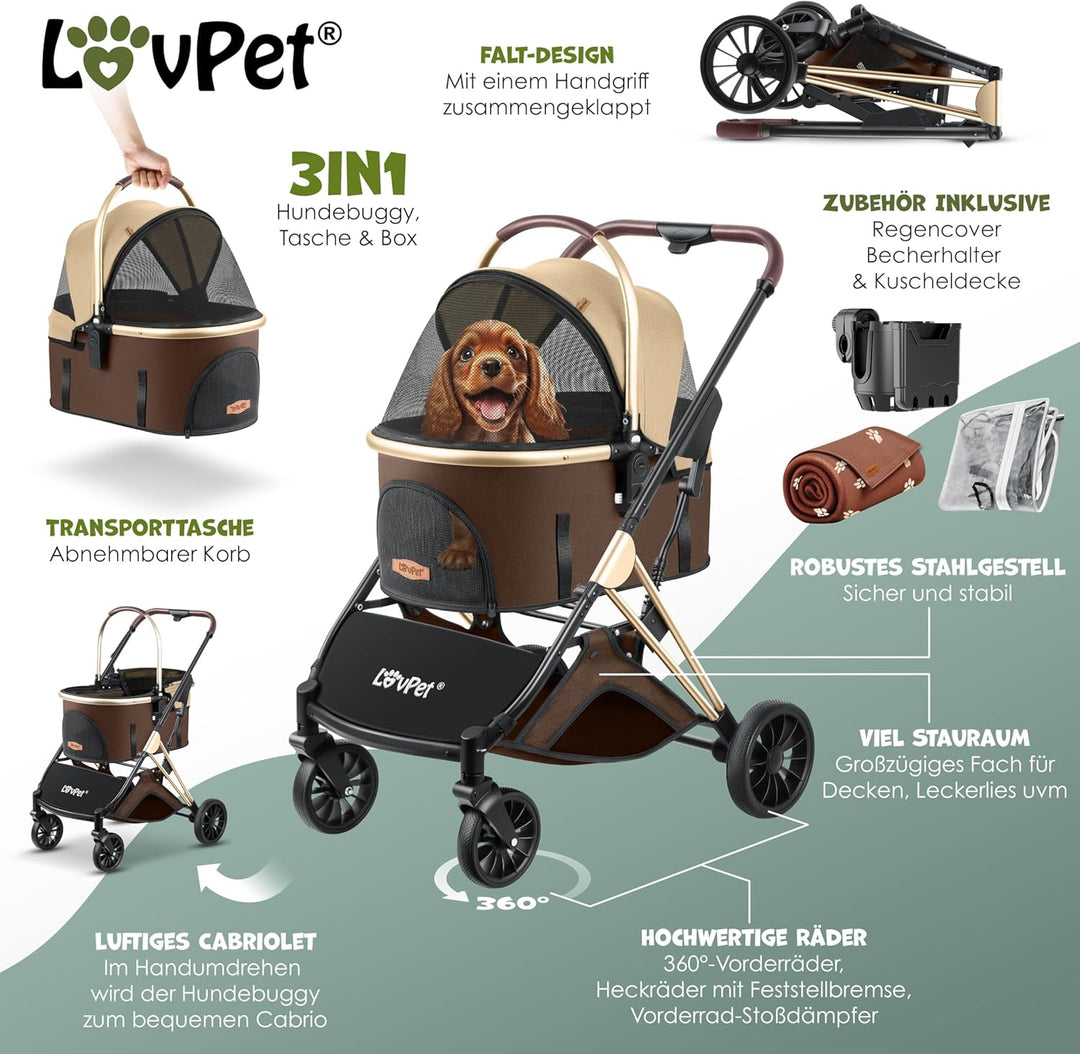 LOVPET® Hundewagen 3in1 Hundebuggy Hundebox Transporttasche 360° Grosse Räder Faltbar klappbar Haust