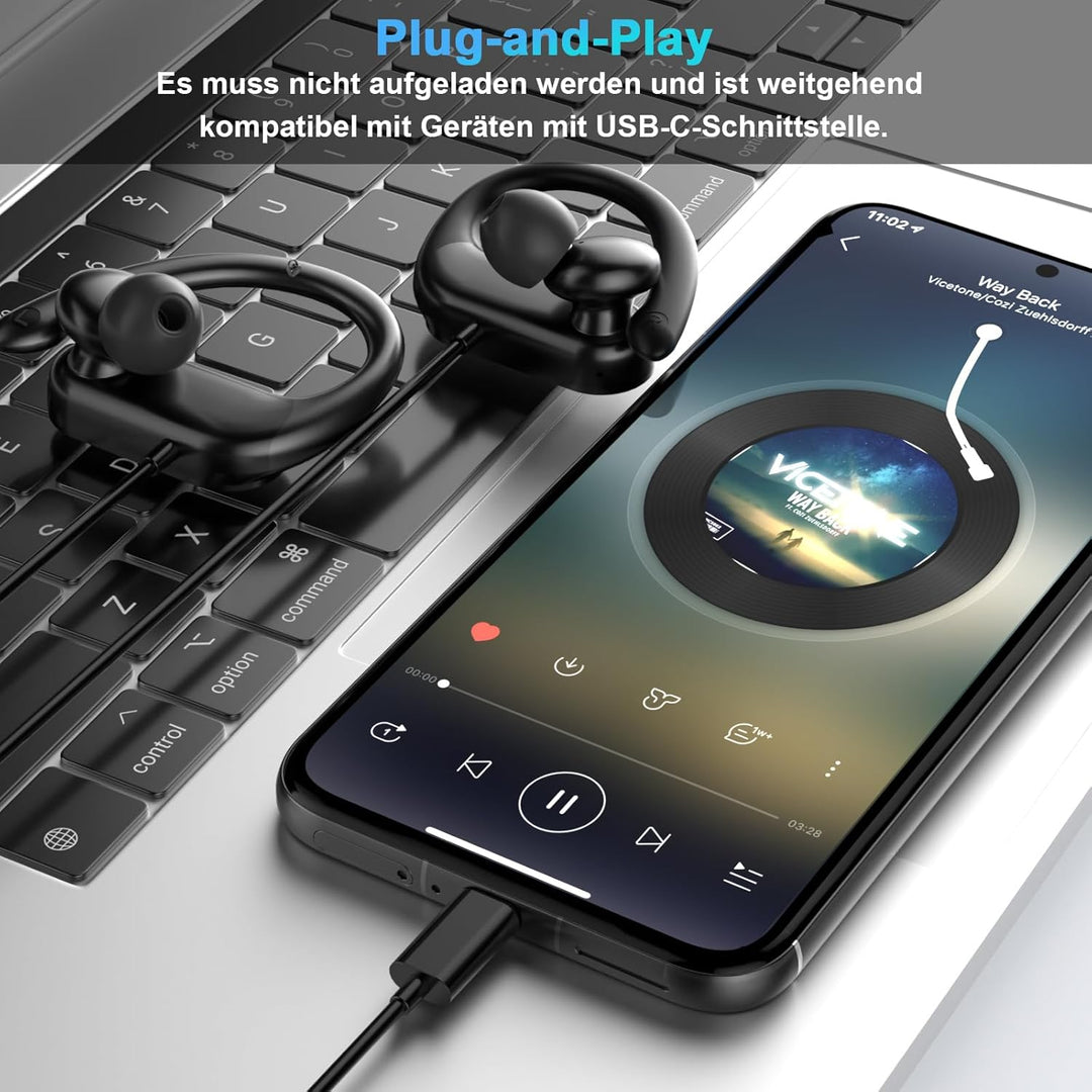 USB C In Ear Kopfhörer mit Ohrbügel, Mikrofon & Kabelfernbedienung | Kopfhörer mit Kabel für Samsung